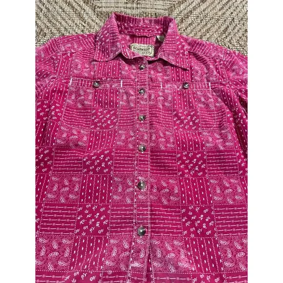 C.E.Schmidt Work Wear Pink 100% cotton bandana pattern button front top SZ M - Picture 3 of 7